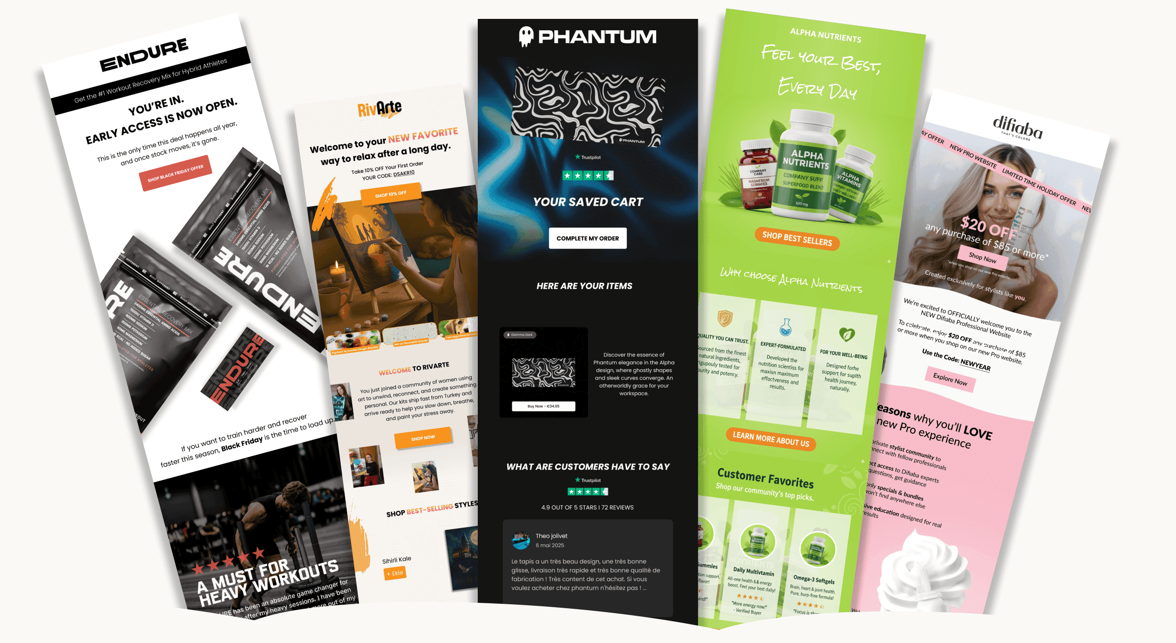 A spread of email designs Revnue built for clients